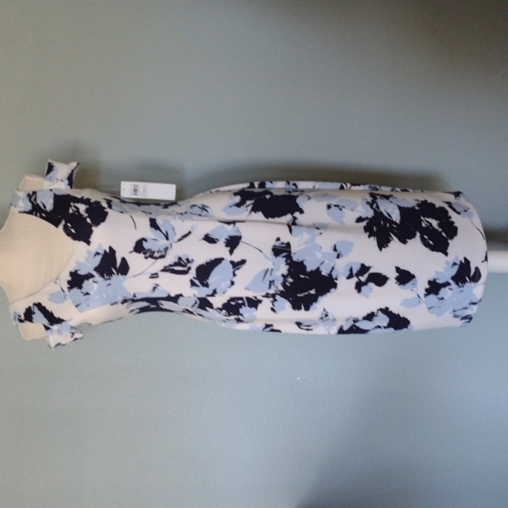 London Times White Midi Dress with Navy and Light Blue Floral Print
